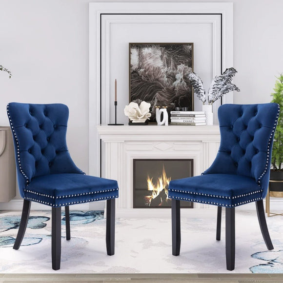 4x Velvet Dining Chairs Upholstered Tufted Kithcen Chair with Solid Wood Legs Stud Trim and Ring - Blue - RnR Galore