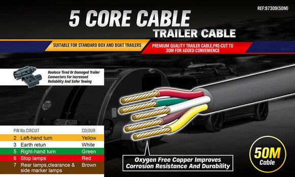 50M x 5 Core Wire Cable Trailer Cable Automotive Boat Caravan Truck Coil V90 PVC - RnR Galore