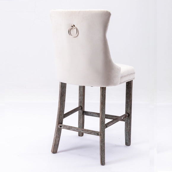 6X Velvet Bar Stools with Studs Trim Wooden Legs Tufted Dining Chairs Kitchen - RnR Galore
