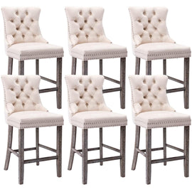 6X Velvet Bar Stools with Studs Trim Wooden Legs Tufted Dining Chairs Kitchen - RnR Galore