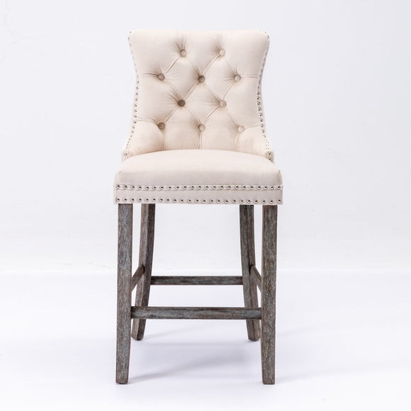 6X Velvet Bar Stools with Studs Trim Wooden Legs Tufted Dining Chairs Kitchen - RnR Galore
