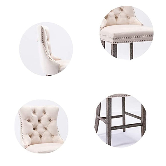 6X Velvet Bar Stools with Studs Trim Wooden Legs Tufted Dining Chairs Kitchen - RnR Galore