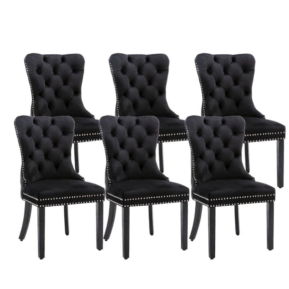 6x Velvet Dining Chairs Upholstered Tufted Kithcen Chair with Solid Wood Legs Stud Trim and Ring - Black - RnR Galore