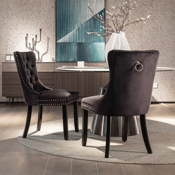 6x Velvet Dining Chairs Upholstered Tufted Kithcen Chair with Solid Wood Legs Stud Trim and Ring - Black - RnR Galore