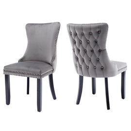 6x Velvet Upholstered Dining Chairs Tufted Wingback Side Chair with Studs Trim Solid Wood Legs for Kitchen - RnR Galore