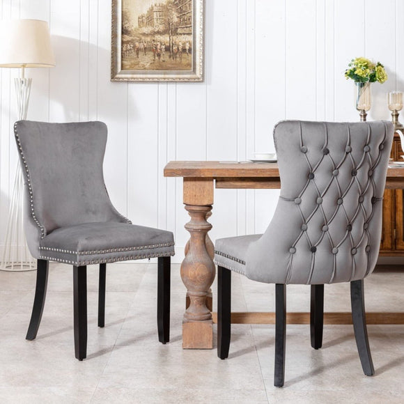 6x Velvet Upholstered Dining Chairs Tufted Wingback Side Chair with Studs Trim Solid Wood Legs for Kitchen - RnR Galore