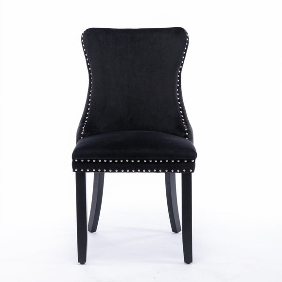 6x Velvet Upholstered Dining Tufted Chairs with Studs Trim and Solid Wood Legs - Black - RnR Galore