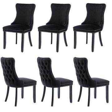6x Velvet Upholstered Dining Tufted Chairs with Studs Trim and Solid Wood Legs - Black - RnR Galore