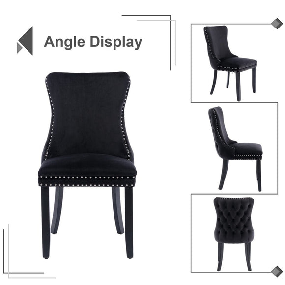 6x Velvet Upholstered Dining Tufted Chairs with Studs Trim and Solid Wood Legs - Black - RnR Galore