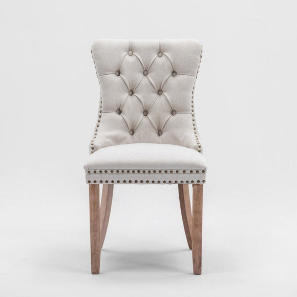 8x AADEN Modern Elegant Button - Tufted Upholstered Fabric with Studs Trim and Wooden legs Dining Side Chair - Beige - RnR Galore