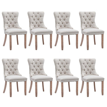 8x AADEN Modern Elegant Button - Tufted Upholstered Fabric with Studs Trim and Wooden legs Dining Side Chair - Beige - RnR Galore