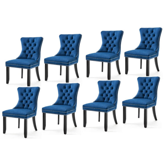 8x Velvet Dining Chairs Upholstered Tufted Kithcen Chair with Solid Wood Legs Stud Trim and Ring - Blue - RnR Galore