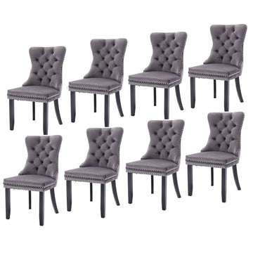 8x Velvet Dining Chairs Upholstered Tufted Kithcen Chair with Solid Wood Legs Stud Trim and Ring - Gray - RnR Galore