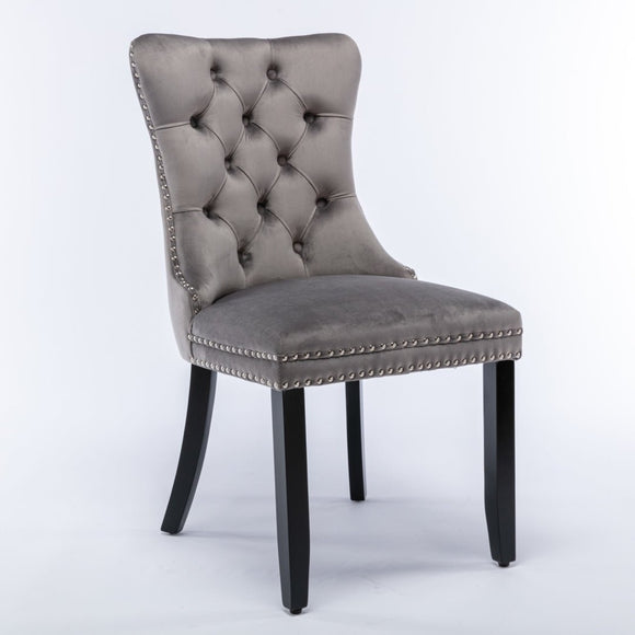 8x Velvet Dining Chairs Upholstered Tufted Kithcen Chair with Solid Wood Legs Stud Trim and Ring - Gray - RnR Galore