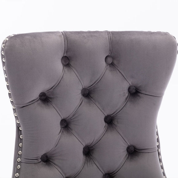 8x Velvet Dining Chairs Upholstered Tufted Kithcen Chair with Solid Wood Legs Stud Trim and Ring - Gray - RnR Galore
