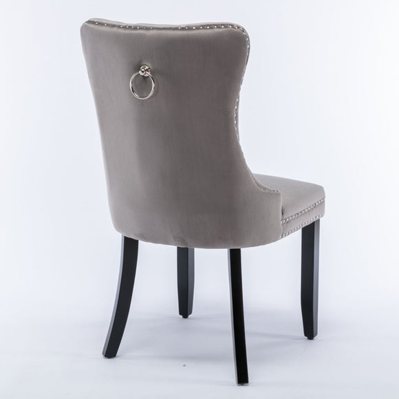 8x Velvet Dining Chairs Upholstered Tufted Kithcen Chair with Solid Wood Legs Stud Trim and Ring - Gray - RnR Galore