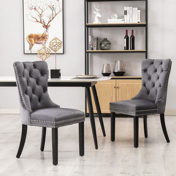 8x Velvet Dining Chairs Upholstered Tufted Kithcen Chair with Solid Wood Legs Stud Trim and Ring - Gray - RnR Galore