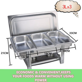 9L Chafing Dish Set Buffet Pan Bain Marie Bow Stainless Steel Food Warmer(3*3L) - RnR Galore