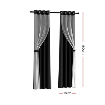 Artiss 2X 132x160cm Blockout Sheer Curtains Black - 0