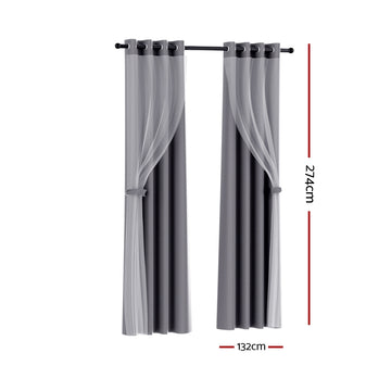 Artiss 2X 132x274cm Blockout Sheer Curtains Charcoal - 0