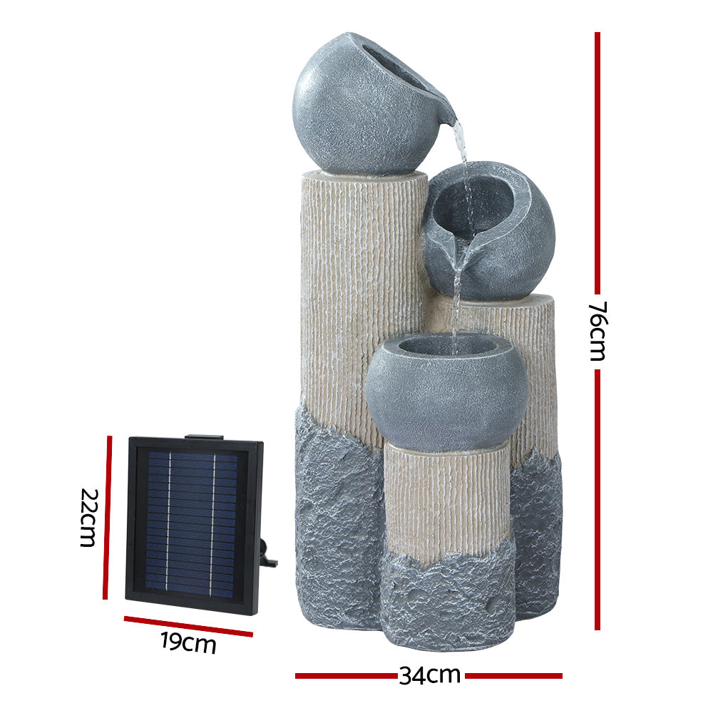 Gardeon Solar Water Feature Cascading Fountain 3-Tier Pot LED Lights 76CM Grey - 0