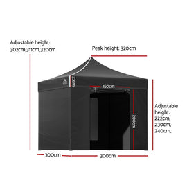Instahut Gazebo Pop Up Marquee 3x3m Folding Tent Wedding Gazebos 500D Black - 0