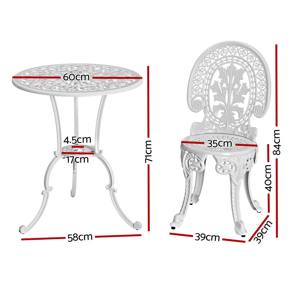 Gardeon 3PC Patio Furniture Outdoor Bistro Set Dining Chairs Aluminium White - 0