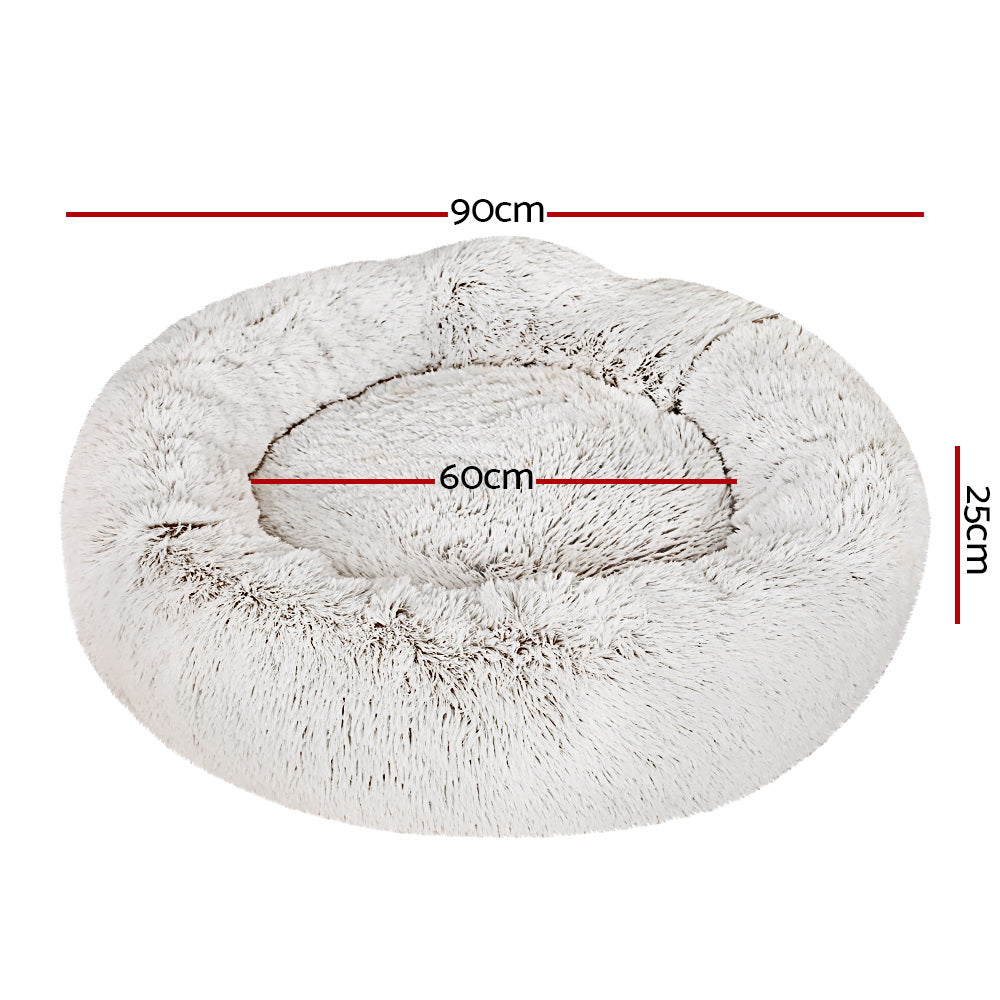 i.Pet Pet Bed Dog Cat 90cm Large Calming Soft Plush White Brown - 0