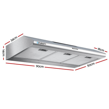 Devanti 900mm Range Hood 90cm Rangehood Stainless Steel - 0