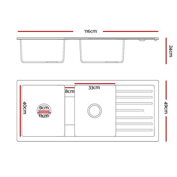 Cefito Kitchen Sink Stone Sink Granite Laundry Basin Double Bowl 116x49cm Black - 0