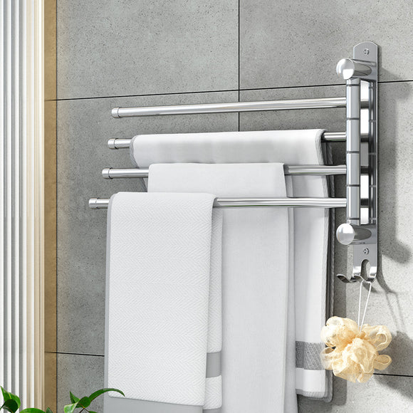 Towel Rail Rack Holder 4 Bars Wall Mounted Stainless Steel Swivel Hanging Hook
