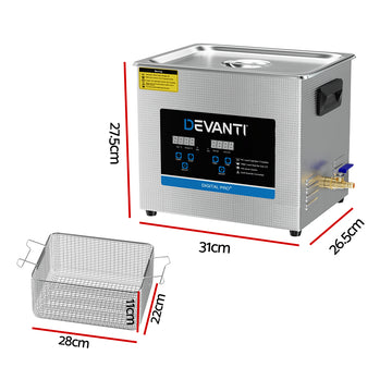 Devanti 10L Ultrasonic Cleaner Heater Cleaning Machine Timer Industrial 240W - 0