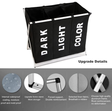 3 in 1 Large 135L Laundry Clothes Hamper Basket with Waterproof bags and Aluminum Frame (Black) - 0
