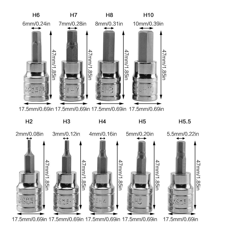 9pcs Allen Key Sockets Hex Bit Socket Set 3/8" Drive Drill Metric Tools 2-10mm - 0