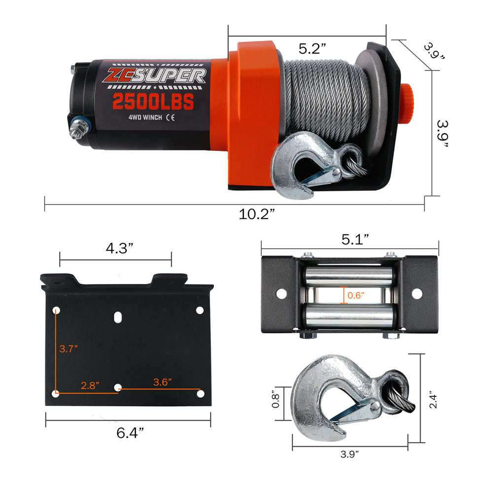 ZESUPER Electric Winch 2500LBS/1134KG 12V 15.2M Steel Cable ATV UTV 4WD 4X4 Boat - 0