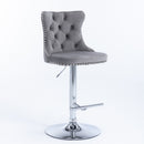 4x Height Adjustable Swivel Bar Stool Velvet Stud Barstool with Footrest and Chromed Base- Gray-4