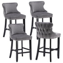 4x Velvet Upholstered Button Tufted Bar Stools with Wood Legs and Studs-Grey-1