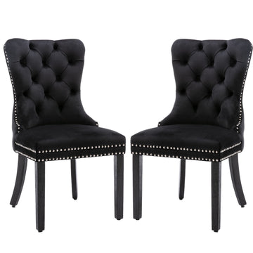 4x Velvet Dining Chairs Upholstered Tufted Kithcen Chair with Solid Wood Legs Stud Trim and Ring-Black - 0