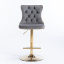 4x Height Adjustable Swivel Bar Stool Velvet Studs Barstool with Footrest and Golden Base- Grey-4