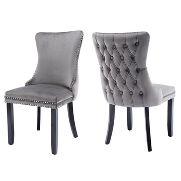 6x Velvet Upholstered Dining Chairs Tufted Wingback Side Chair with Studs Trim Solid Wood Legs for Kitchen - 0