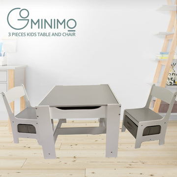 EKKIO 3PCS Kids Table and Chairs Set with Black Chalkboard (Grey) - 0