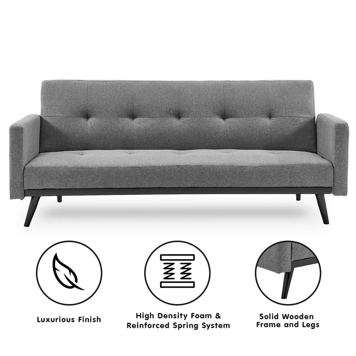 Sarantino Tufted Faux Linen 3-Seater Sofa Bed with Armrests - Light Grey - 0