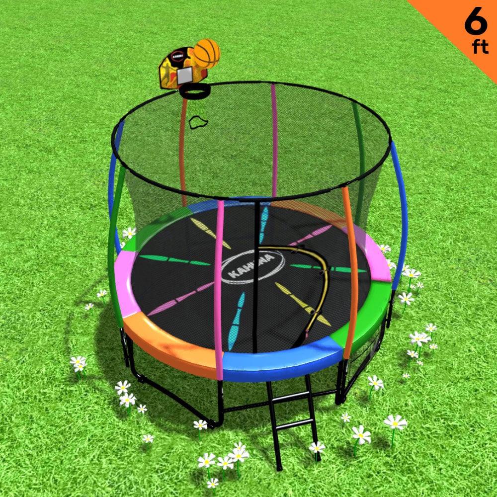Kahuna Classic 6ft Trampoline Free Ladder Spring Mat Net Safety Pad Cover Round Enclosure Basketball Set - Rainbow - 0