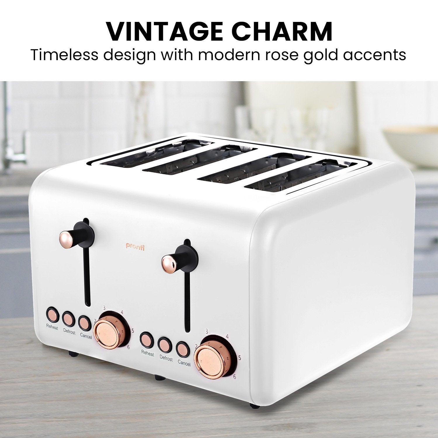 Pronti 4 Slice Toaster Rose Trim Collection - White - 0