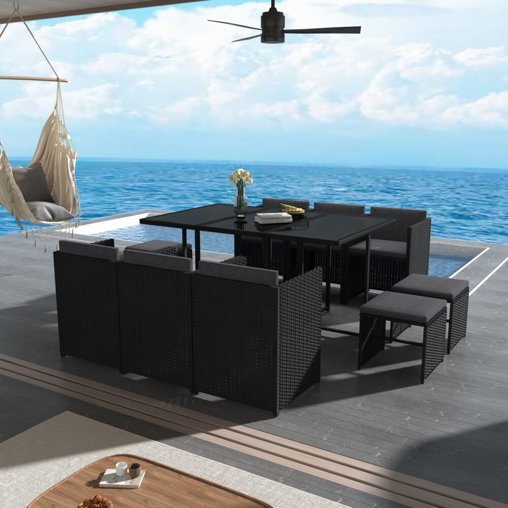 Bali 11 Piece Outdoor Dining Set-Black - 0