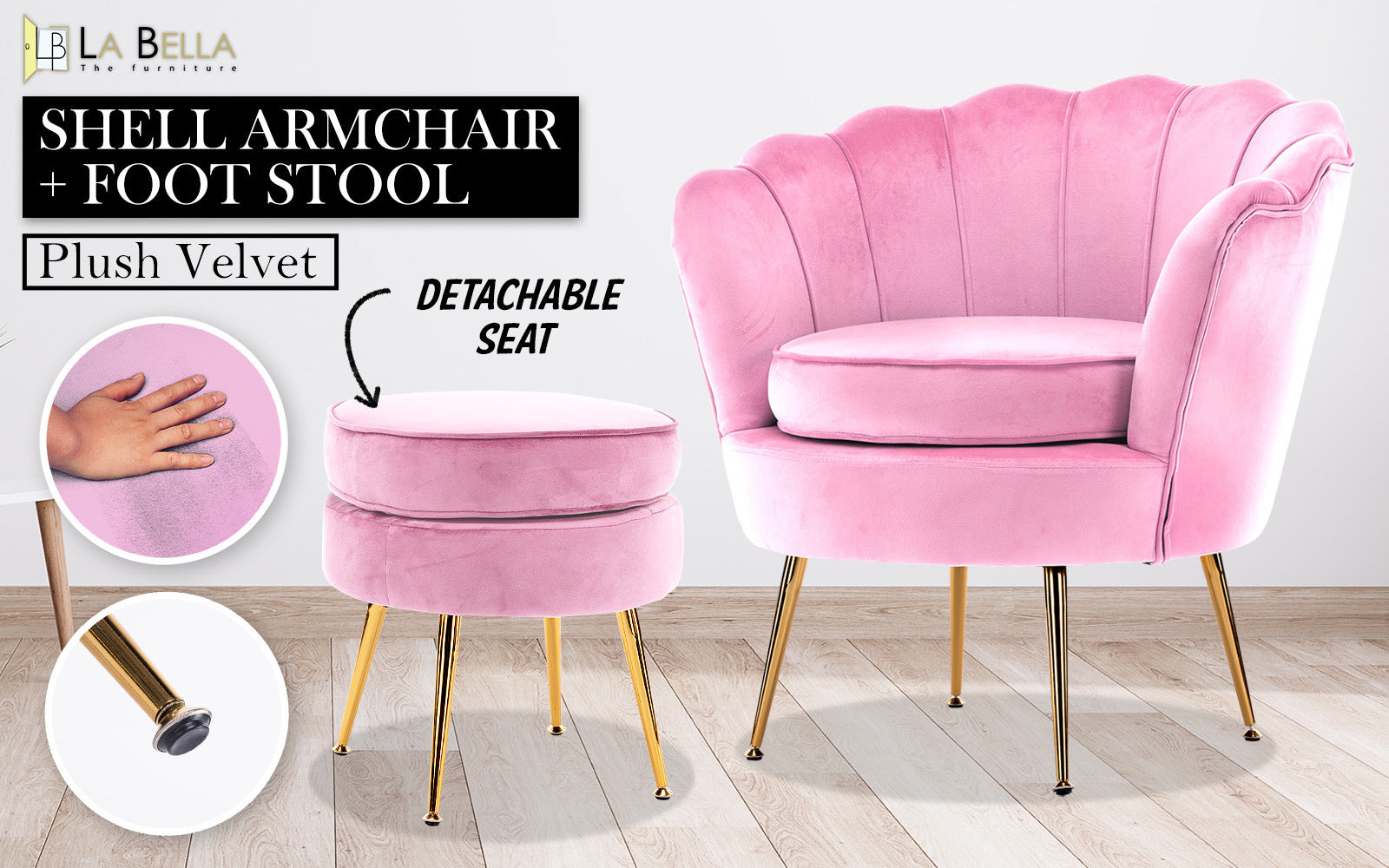 Armchair Lounge Chair Accent Velvet Shell Scallop + Round Ottoman Footstool PINK - 0