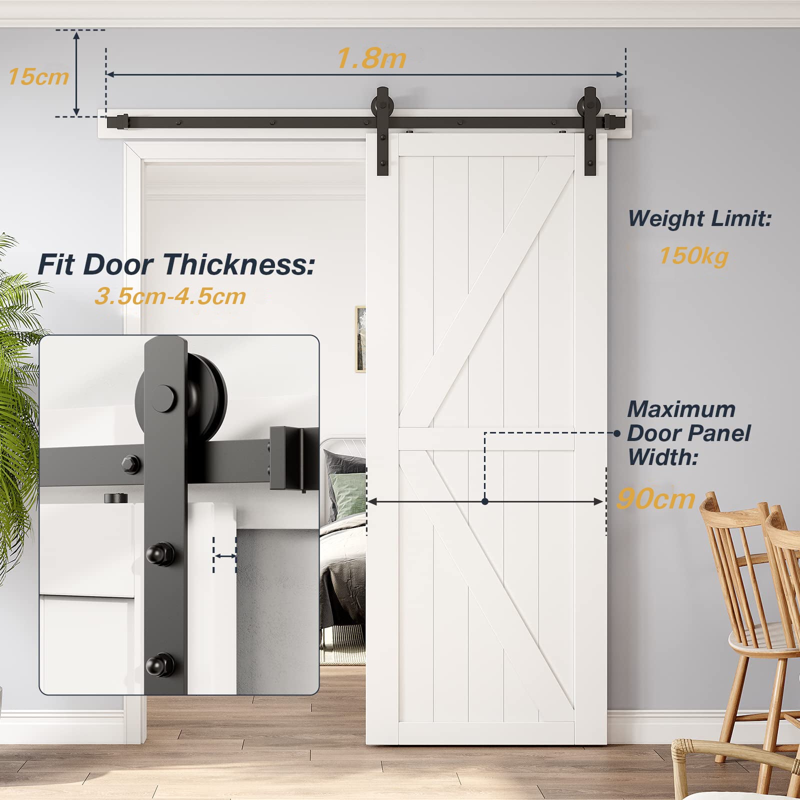 1.8m Heavy Duty Sliding Barn Single Door Hardware Kit Damper Track Rail Roller System - 0