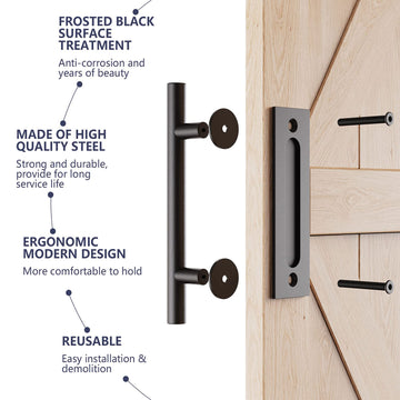 30cm Pull and Flush Barn Door Handle Square Handles set of Frosted Black Surface Round - 0