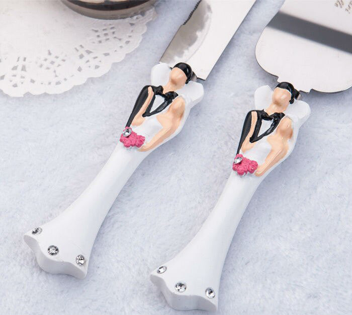 Bride Groom Cake Server Set Wedding Cake Knife and Silver Blade Server Set Boxed - Bride Groom Handles - 0