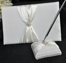 White Wedding Guest Book Register with Silver Pen Matching Stand Set 36 Lined Pages - Ivory Sach Ribbon Cover-2